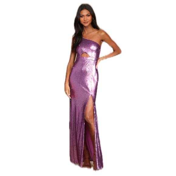 Lulu’s Prom Perfect Pink Purple Sequin One-Shoulder Cutout Mermaid Maxi Dress - Picture 2 of 9
